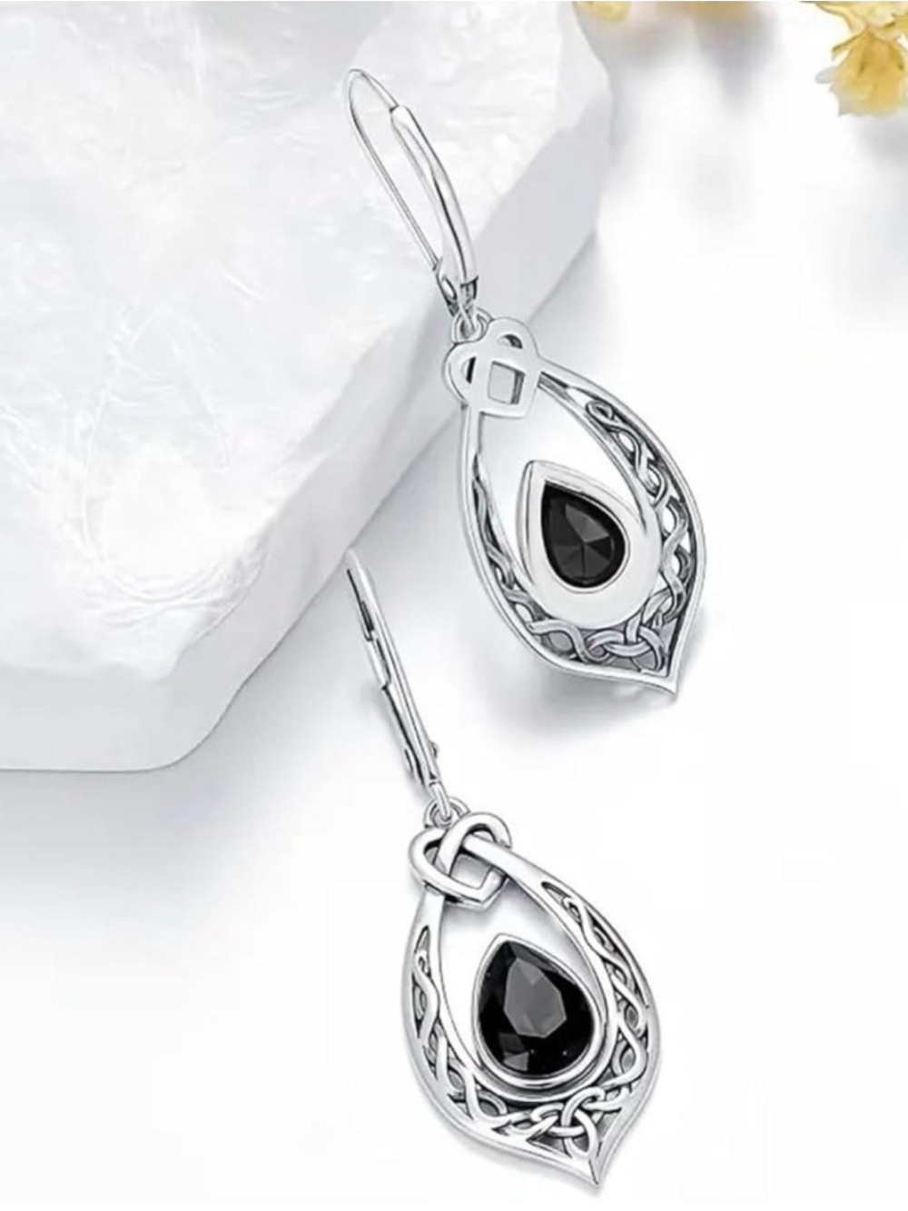 Sterling Silver Elegant Teardrop Dangle Earrings with Black Stone